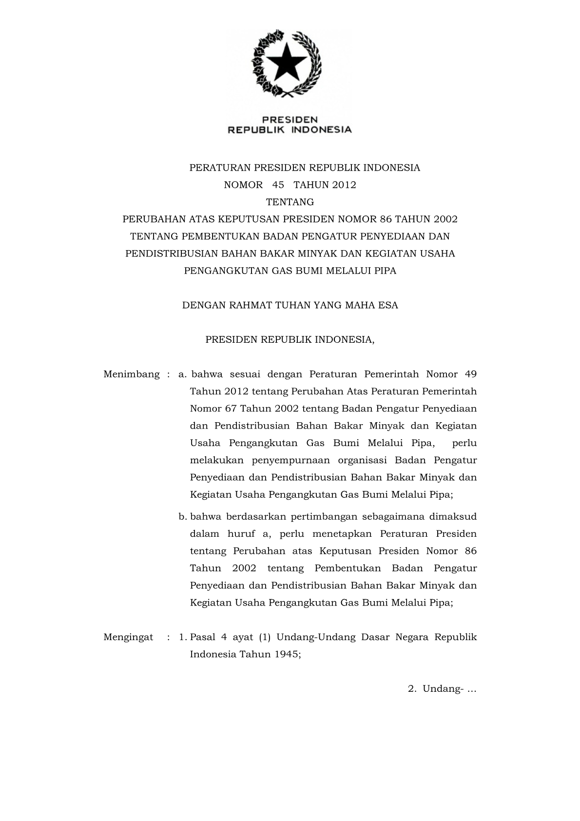 Peraturan Presiden Nomor 45 Tahun 2012