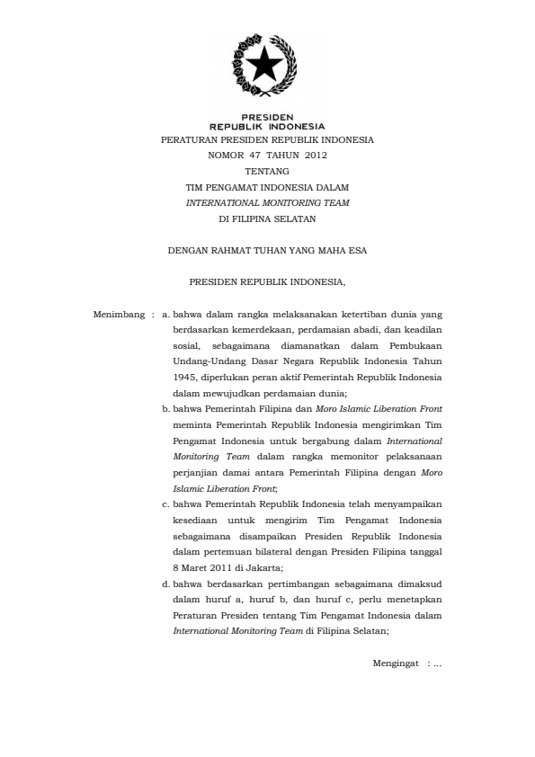 Peraturan Presiden Nomor 47 Tahun 2012