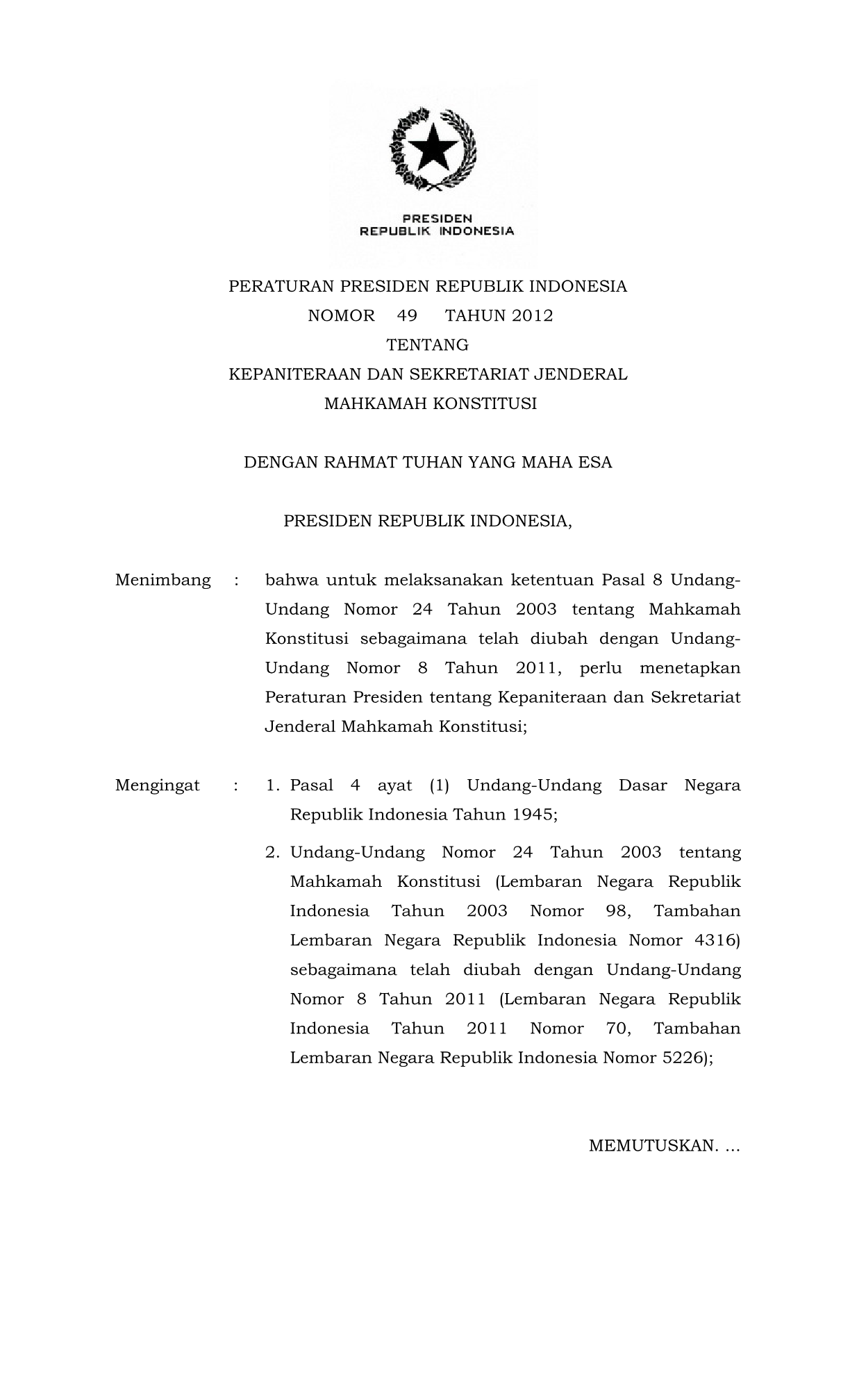 Peraturan Presiden Nomor 49 Tahun 2012