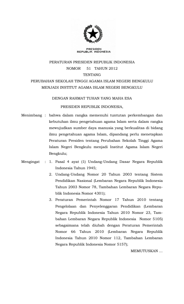 Peraturan Presiden Nomor 51 Tahun 2012