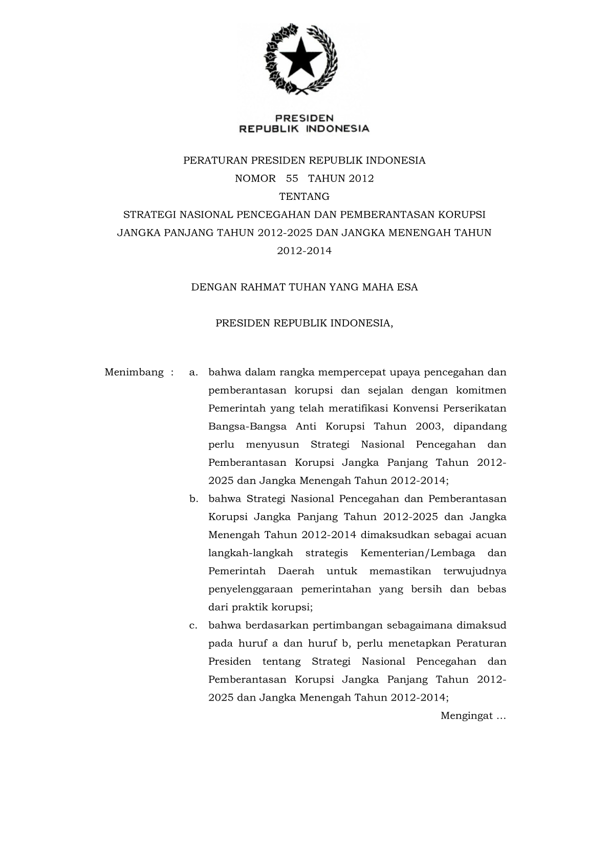 Peraturan Presiden Nomor 55 Tahun 2012