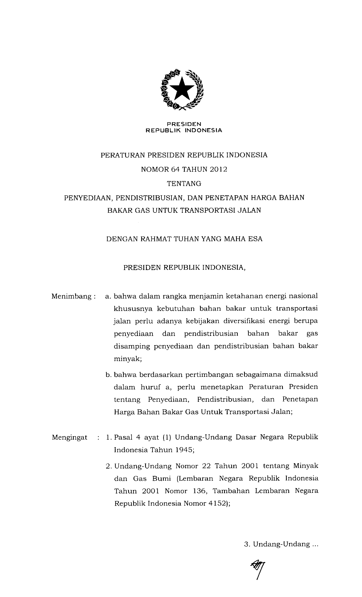 Peraturan Presiden Nomor 64 Tahun 2012