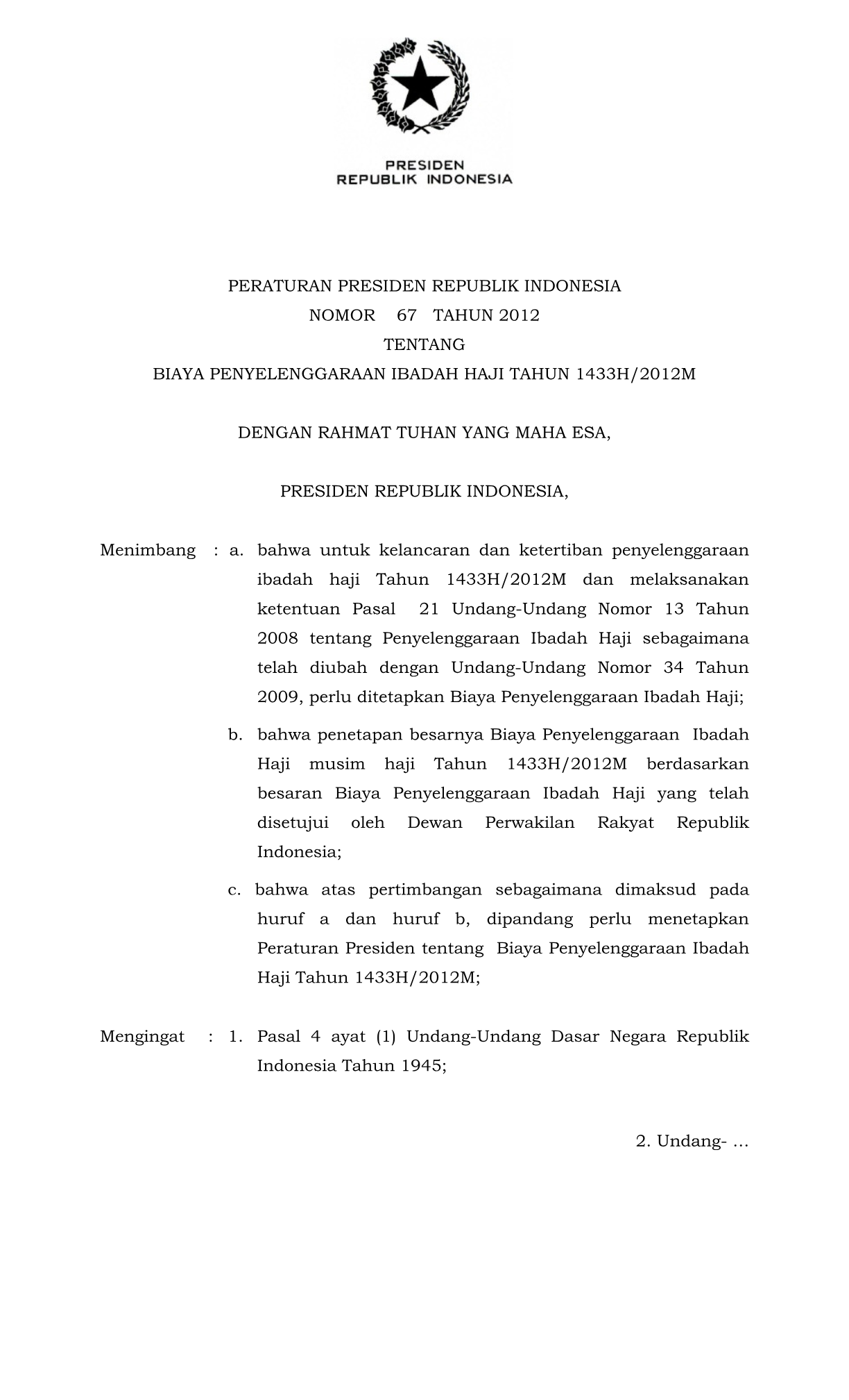 Peraturan Presiden Nomor 67 Tahun 2012