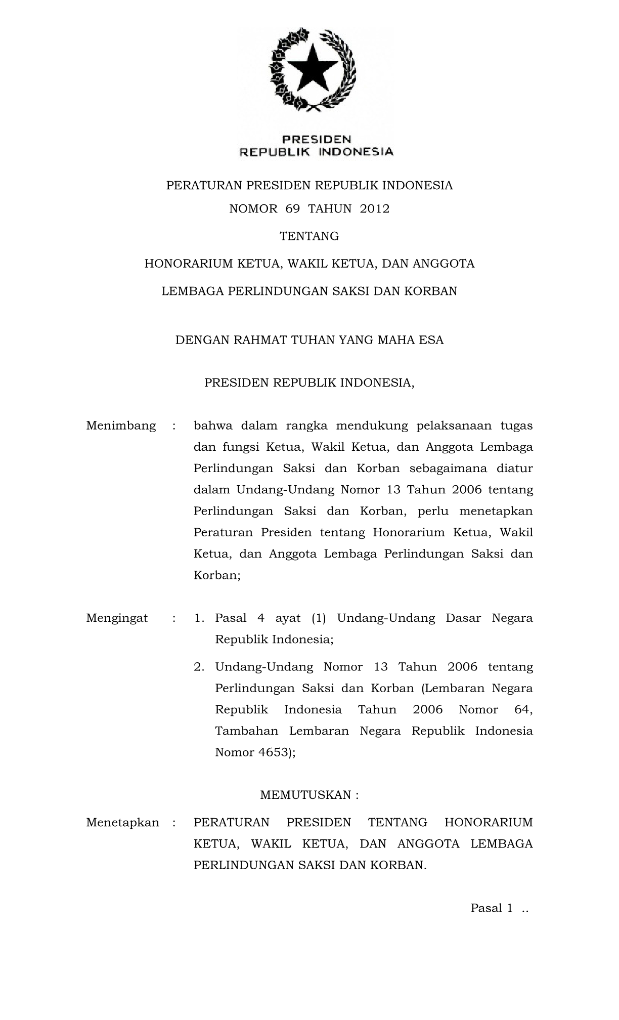 Peraturan Presiden Nomor 69 Tahun 2012