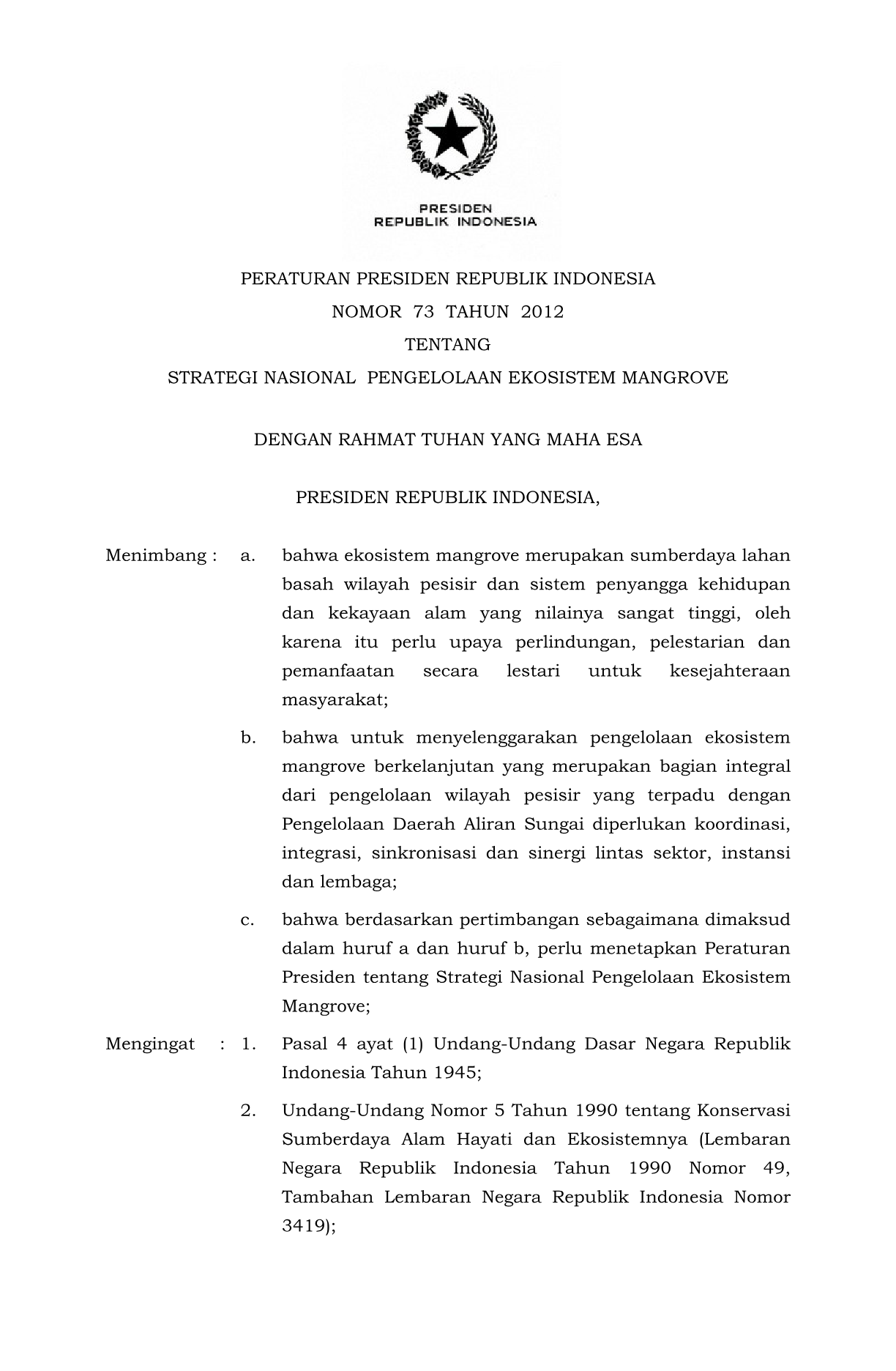 Peraturan Presiden Nomor 73 Tahun 2012