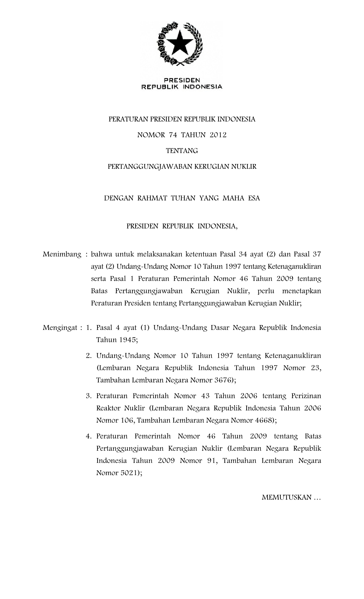 Peraturan Presiden Nomor 74 Tahun 2012