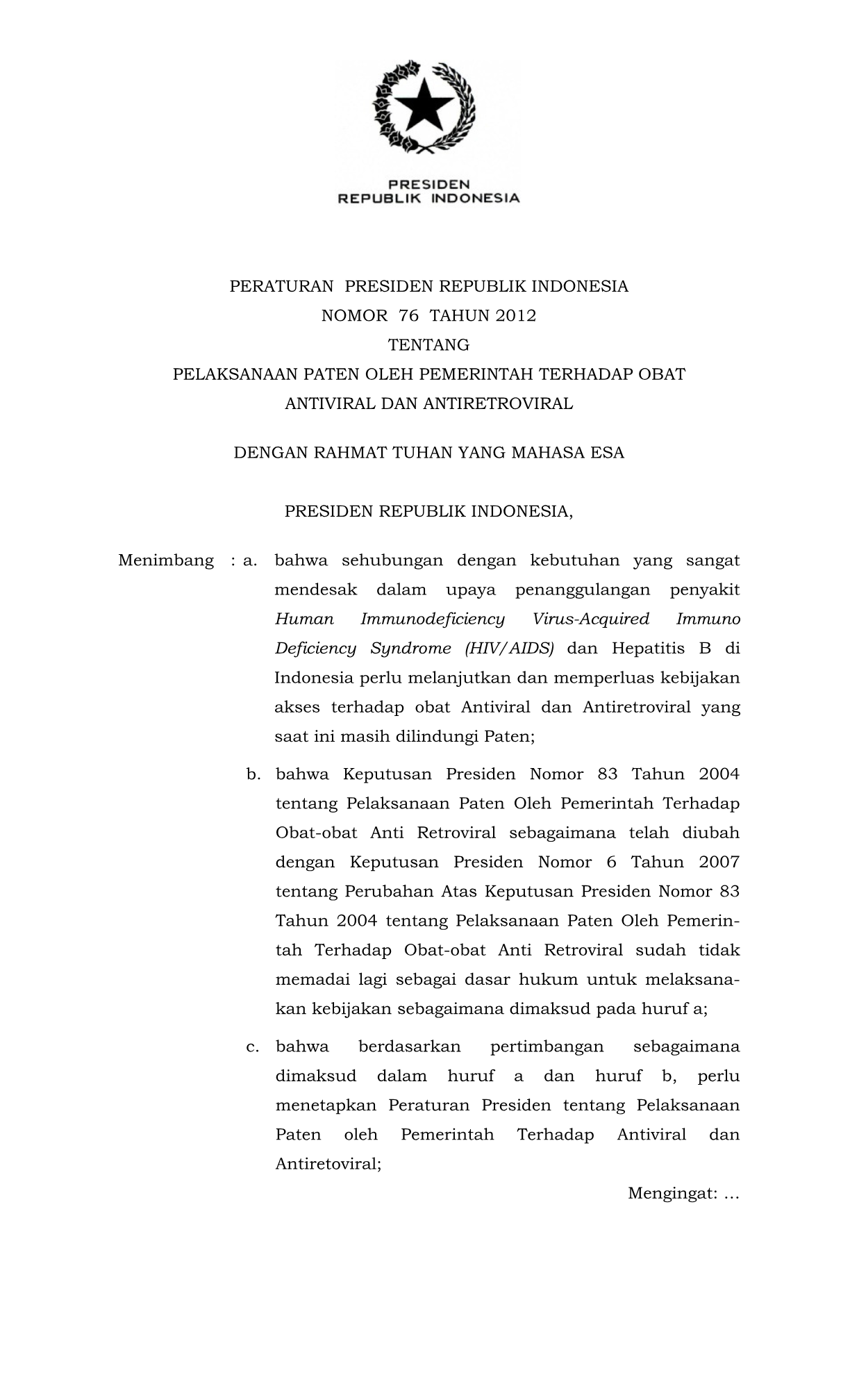 Peraturan Presiden Nomor 76 Tahun 2012