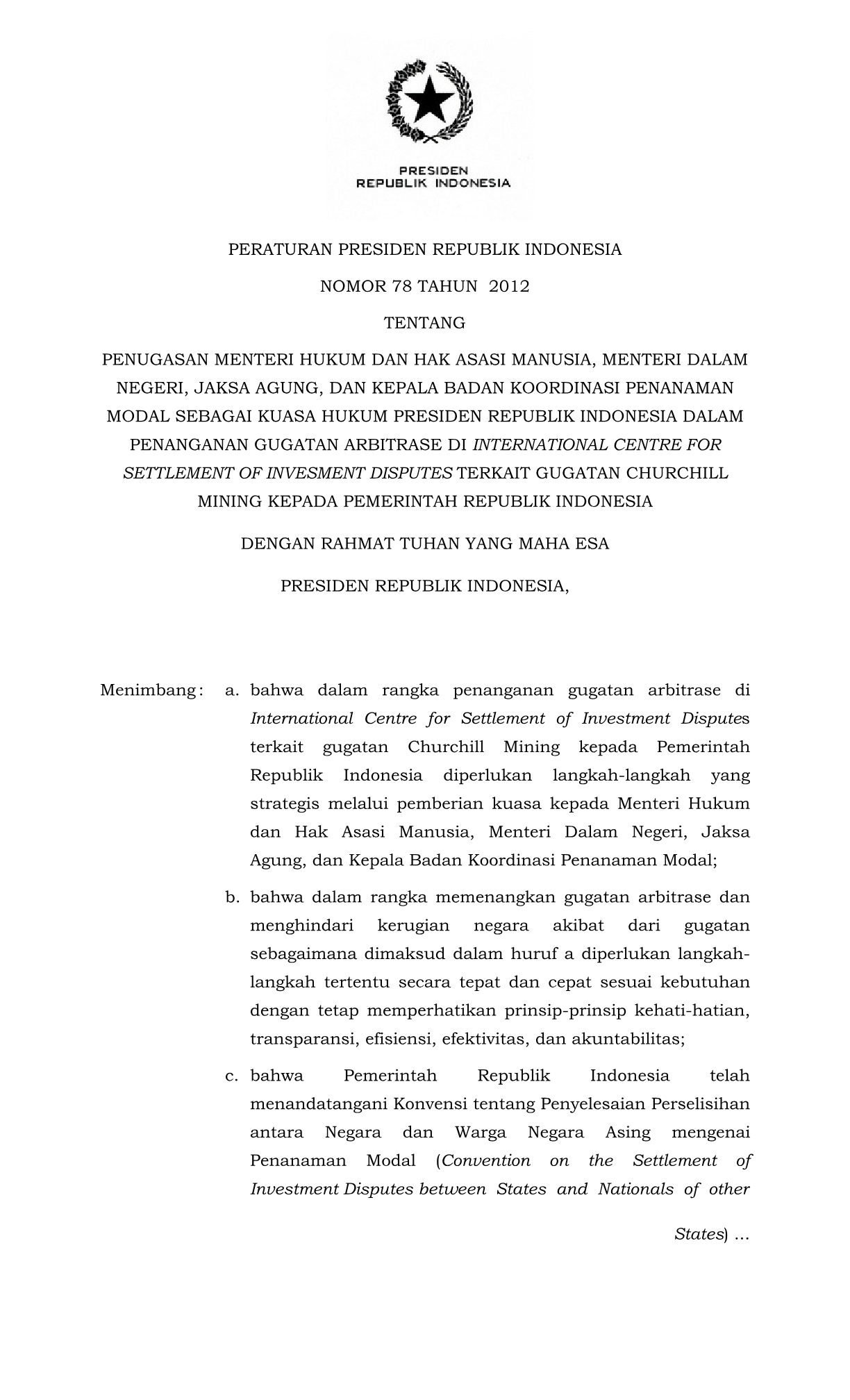 Peraturan Presiden Nomor 78 Tahun 2012