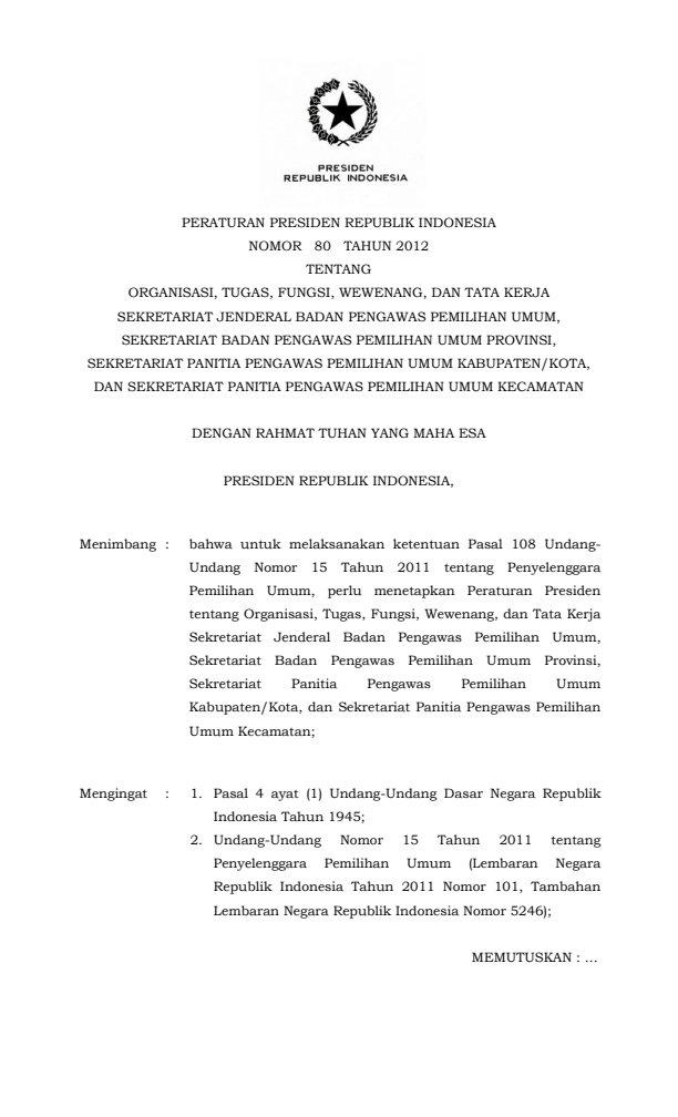 Peraturan Presiden Nomor 80 Tahun 2012