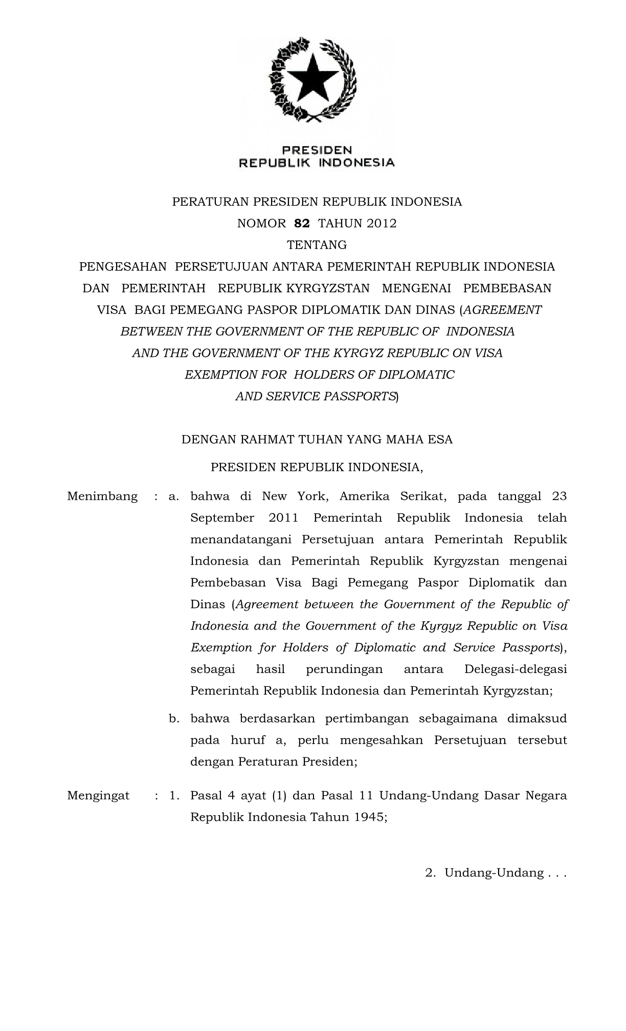 Peraturan Presiden Nomor 82 Tahun 2012