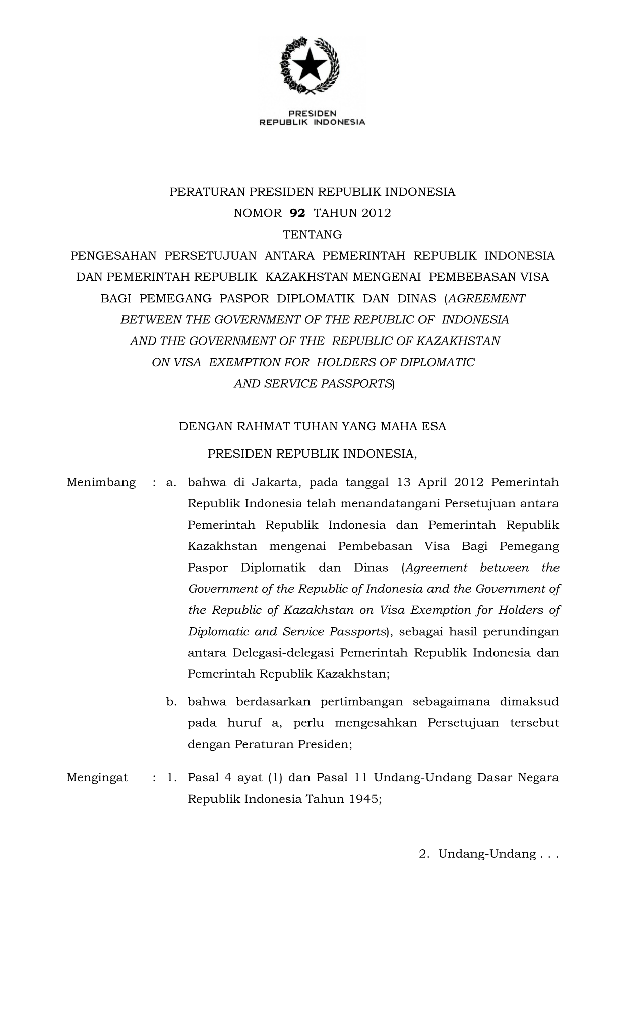 Peraturan Presiden Nomor 92 Tahun 2012