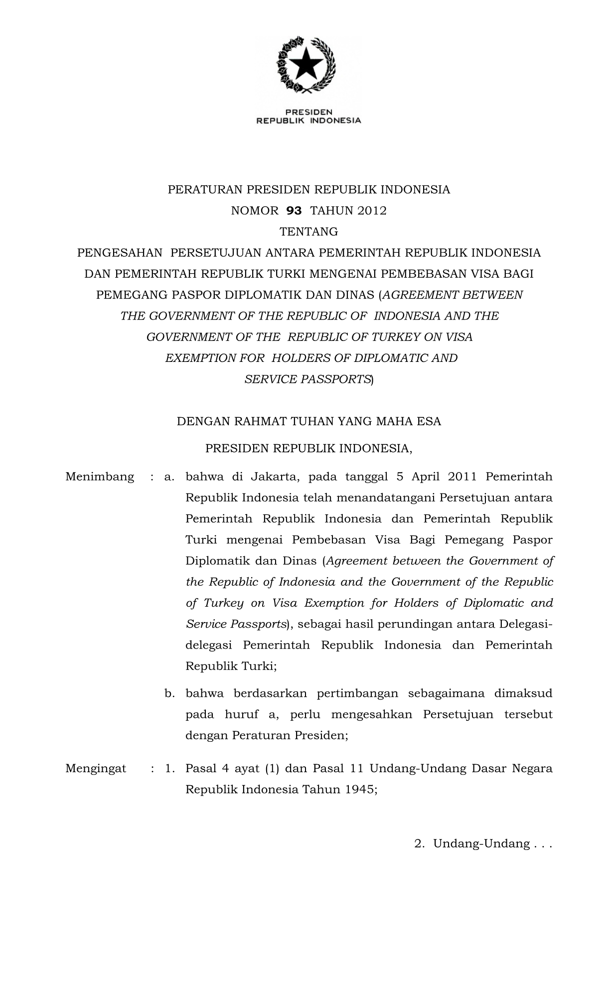 Peraturan Presiden Nomor 93 Tahun 2012