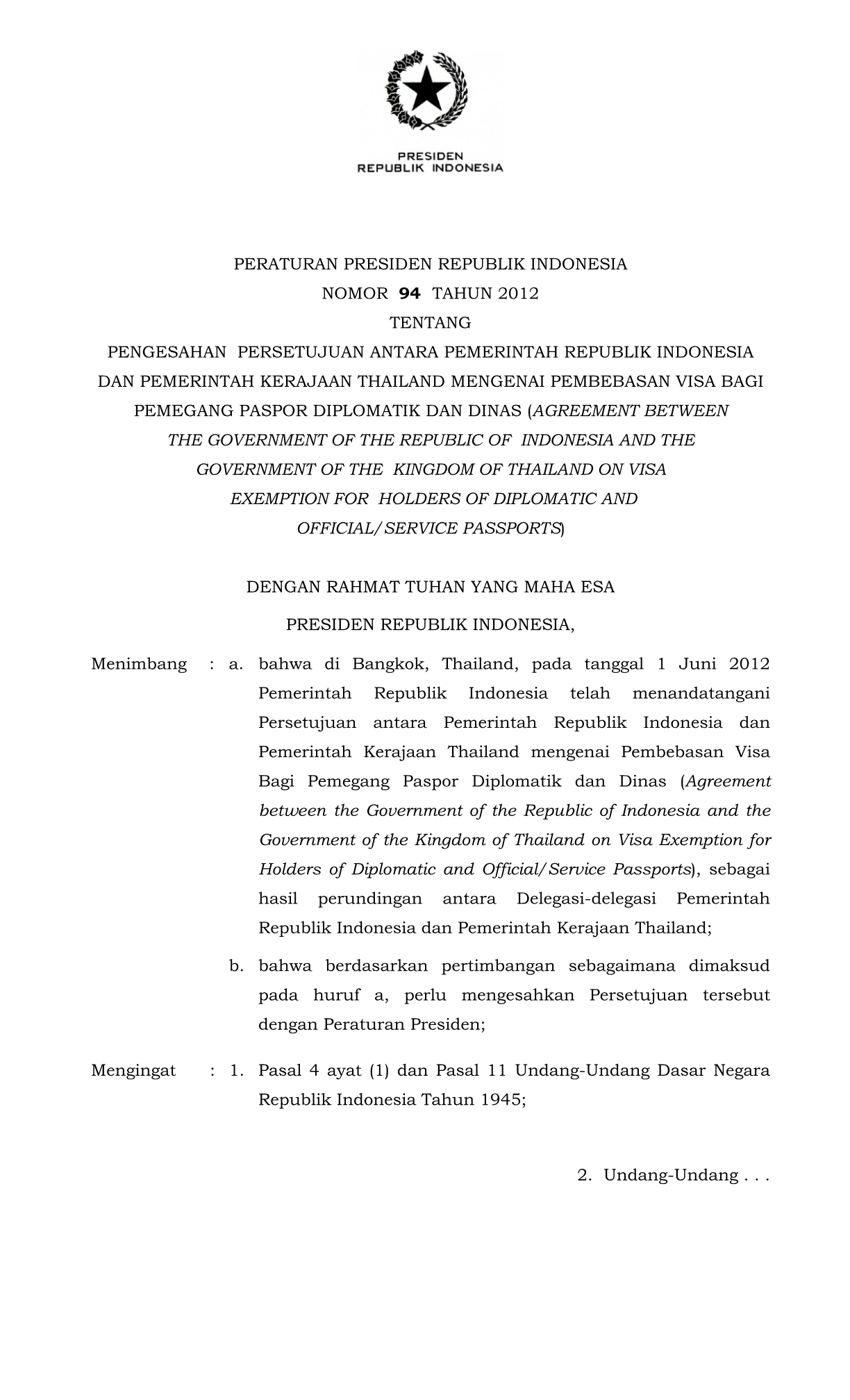 Peraturan Presiden Nomor 94 Tahun 2012