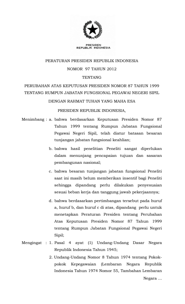 Peraturan Presiden Nomor 97 Tahun 2012