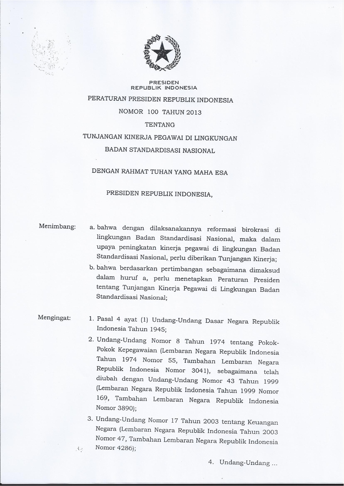 Peraturan Presiden Nomor 100 Tahun 2013