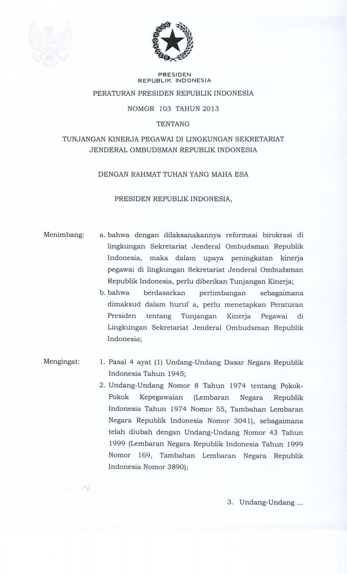 Peraturan Presiden Nomor 103 Tahun 2013