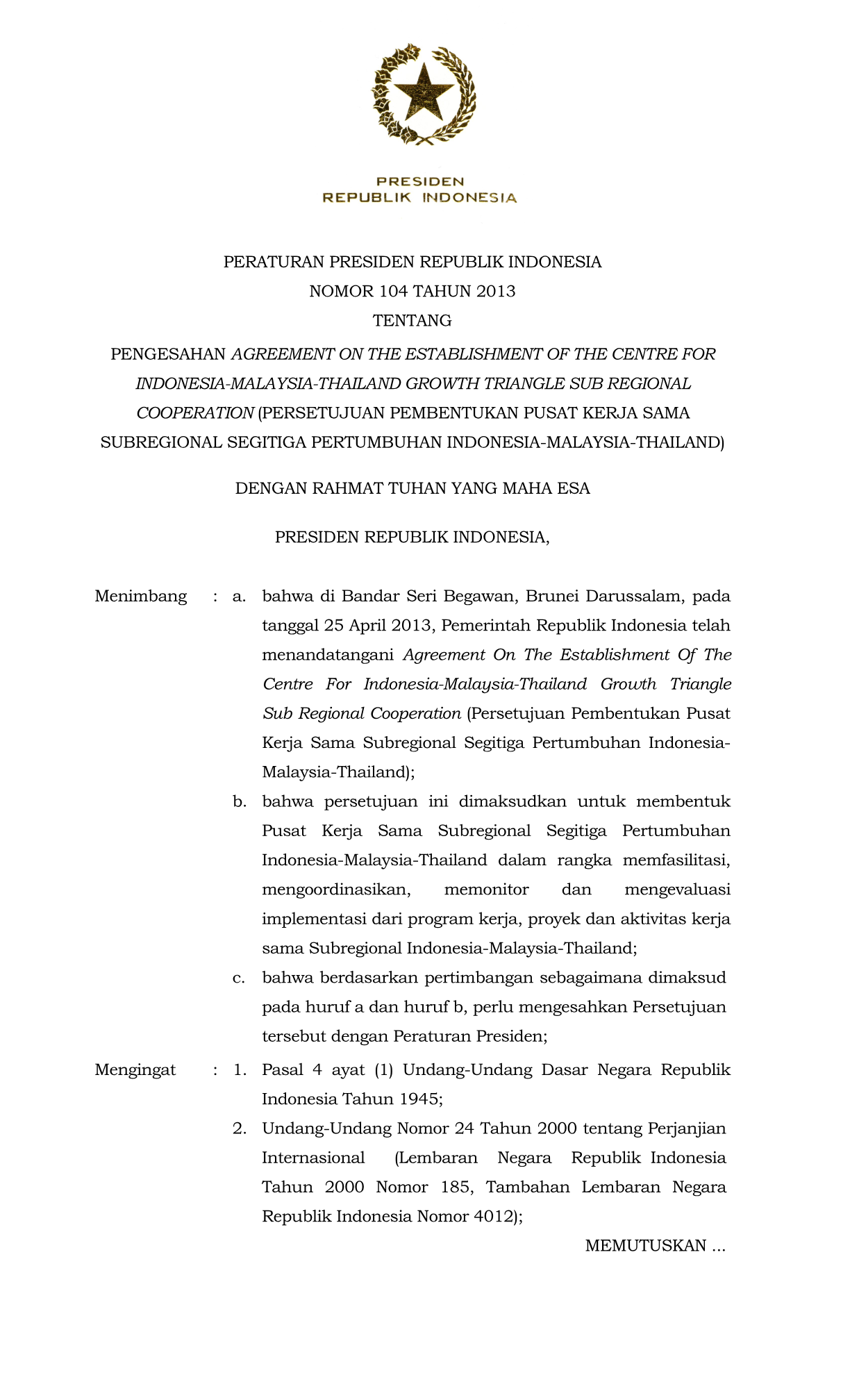 Peraturan Presiden Nomor 104 Tahun 2013