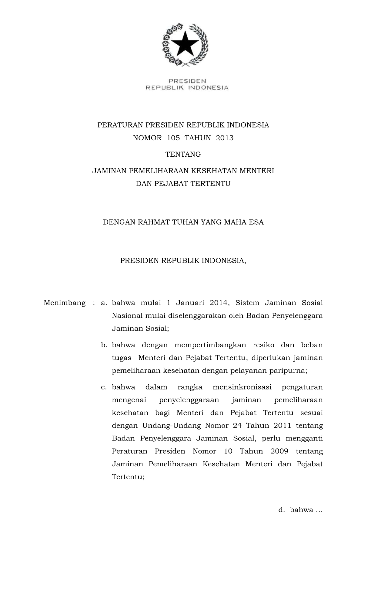 Peraturan Presiden Nomor 105 Tahun 2013