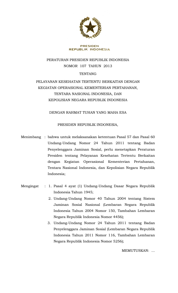 Peraturan Presiden Nomor 107 Tahun 2013