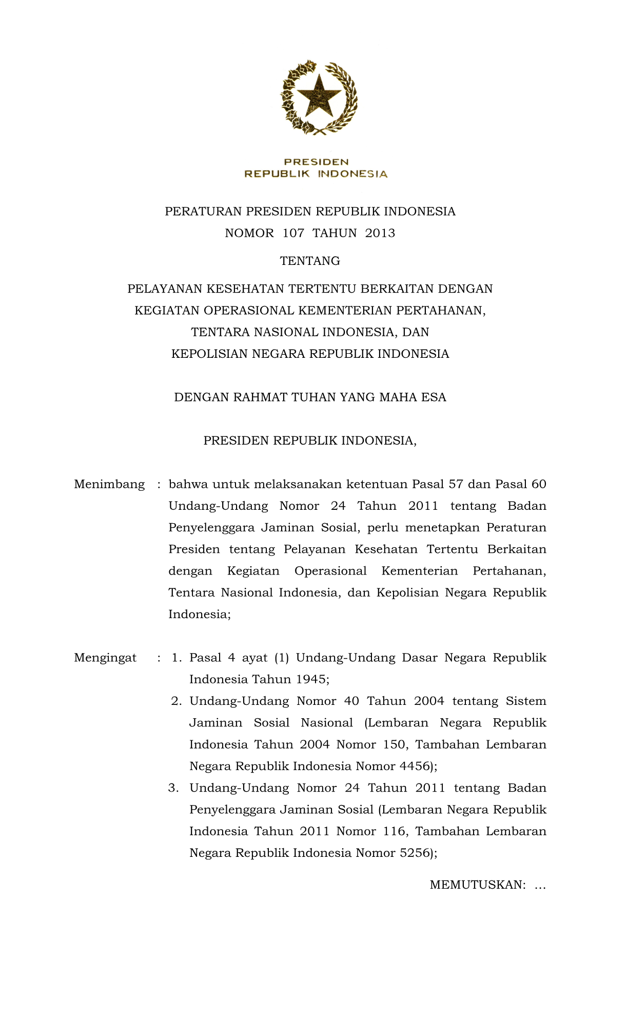 Peraturan Presiden Nomor 107 Tahun 2013