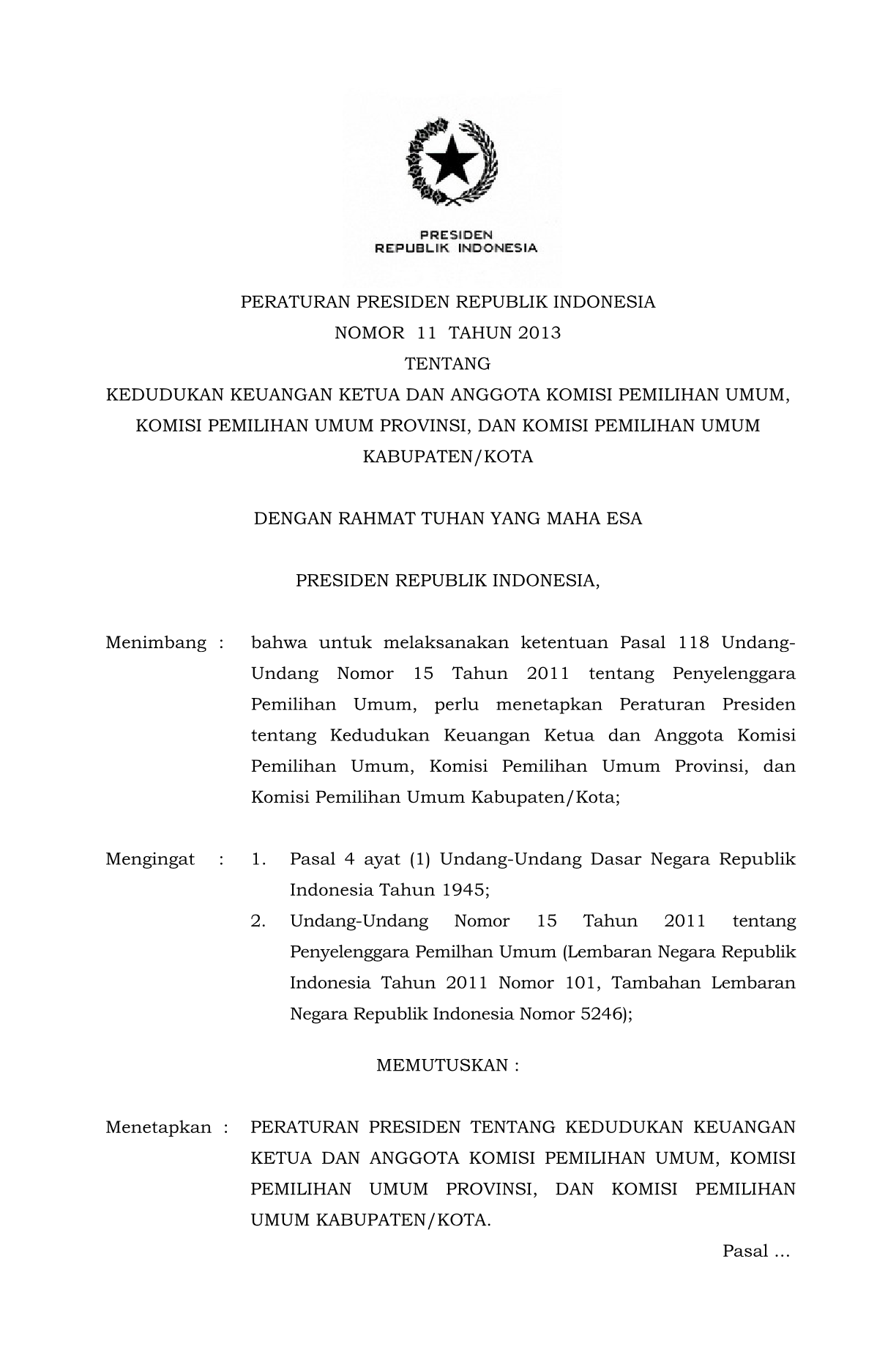 Peraturan Presiden Nomor 11 Tahun 2013