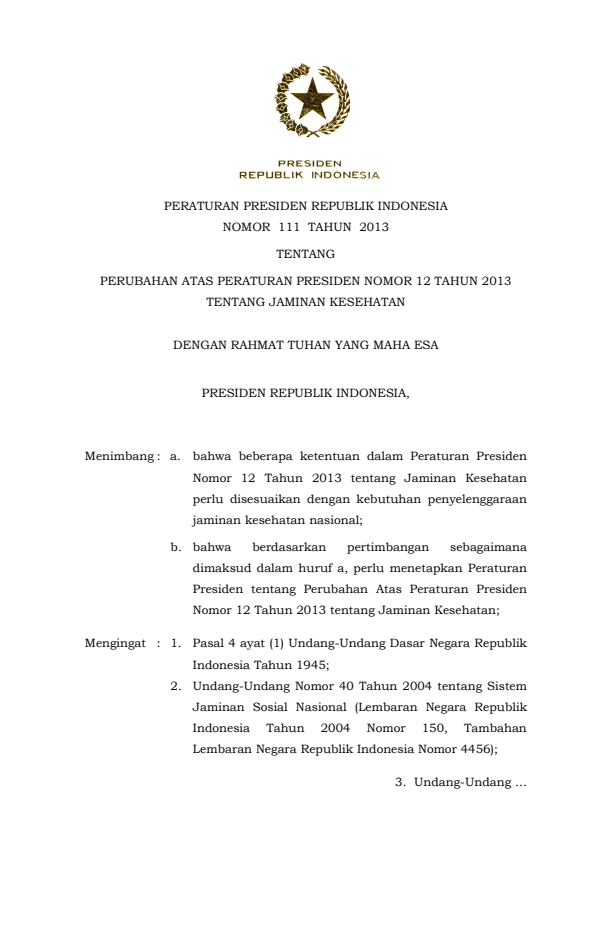 Peraturan Presiden Nomor 111 Tahun 2013