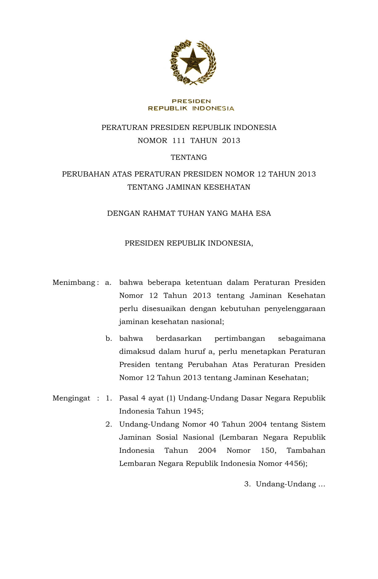 Peraturan Presiden Nomor 111 Tahun 2013