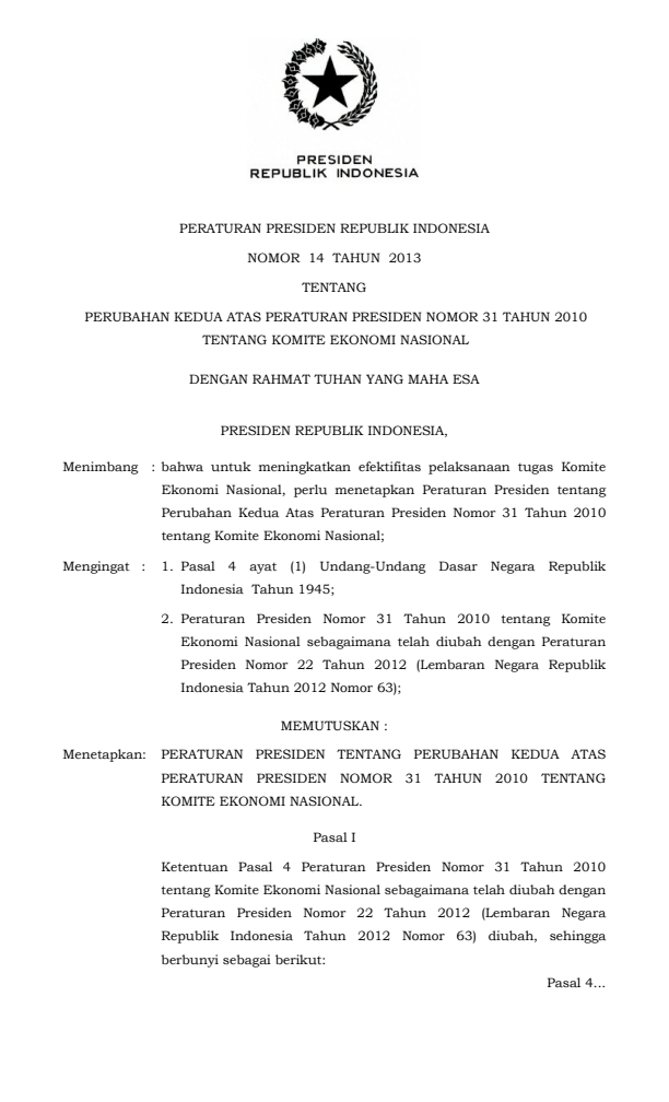 Peraturan Presiden Nomor 14 Tahun 2013