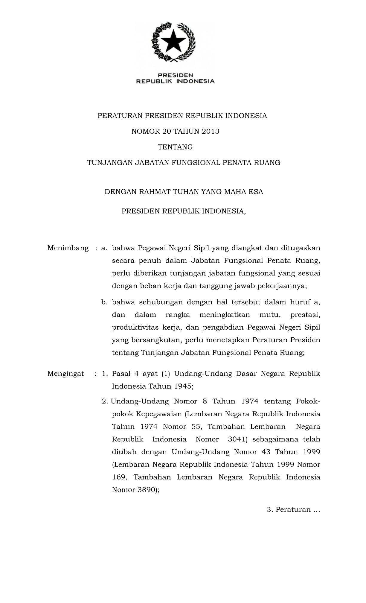 Peraturan Presiden Nomor 20 Tahun 2013