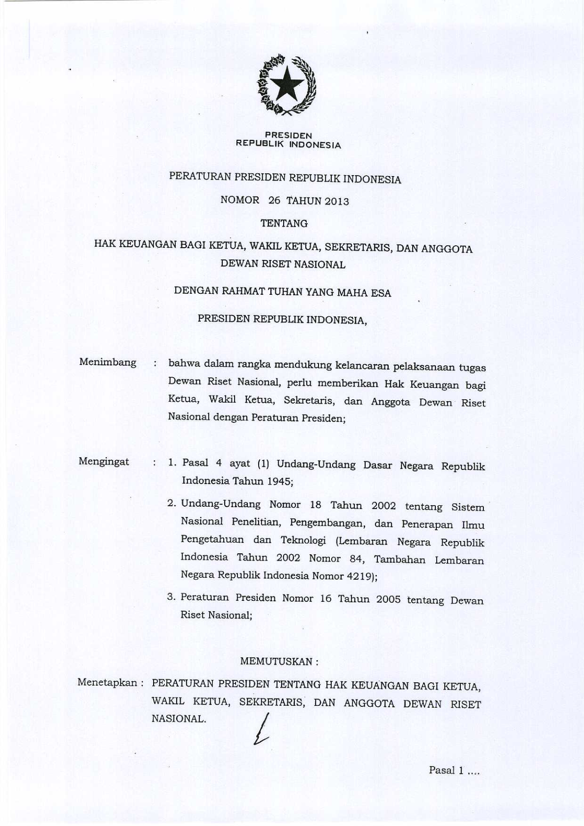 Peraturan Presiden Nomor 26 Tahun 2013