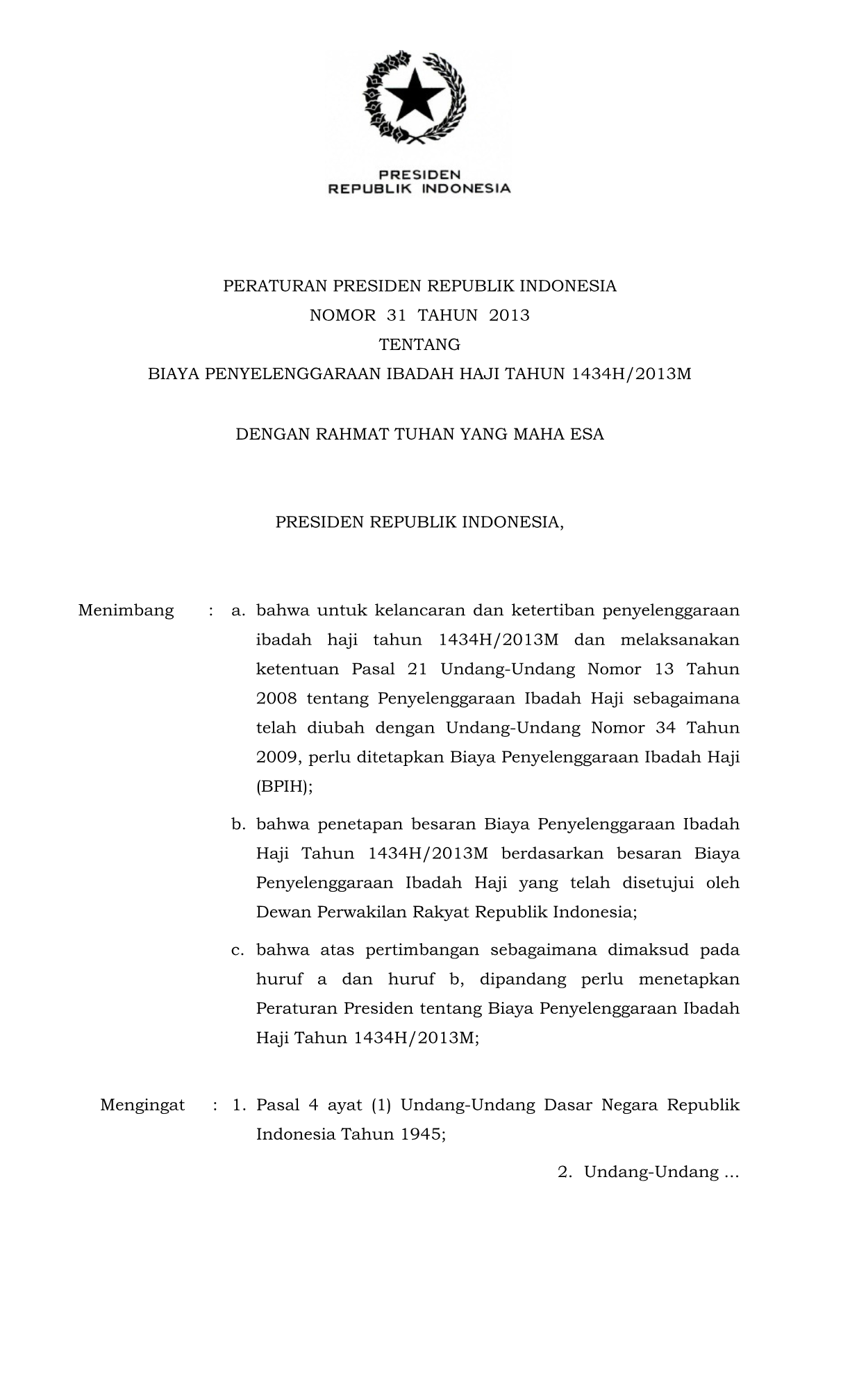 Peraturan Presiden Nomor 31 Tahun 2013
