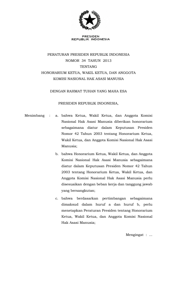 Peraturan Presiden Nomor 34 Tahun 2013