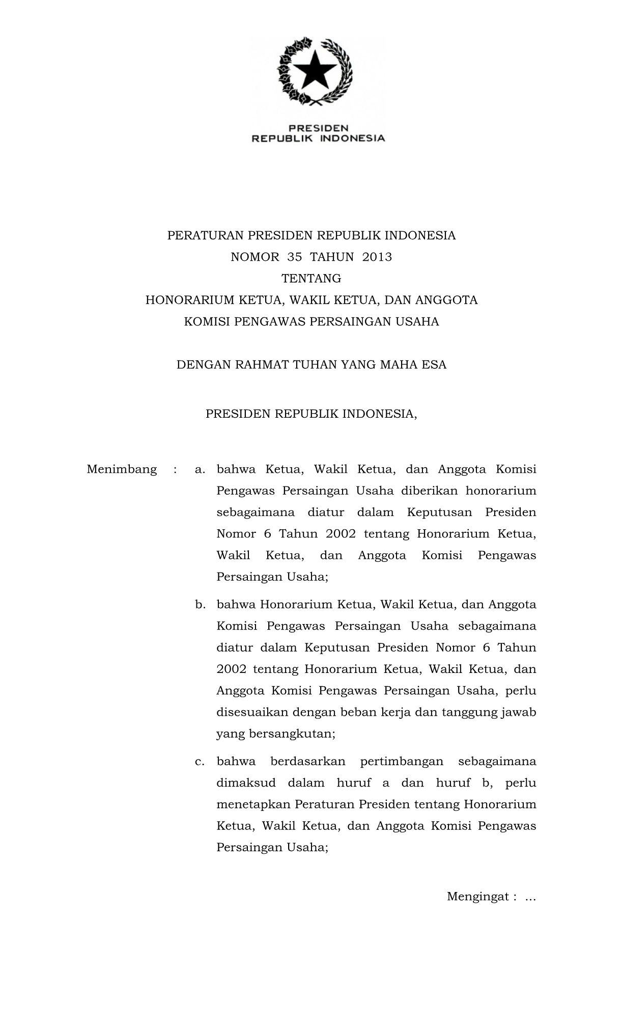Peraturan Presiden Nomor 35 Tahun 2013
