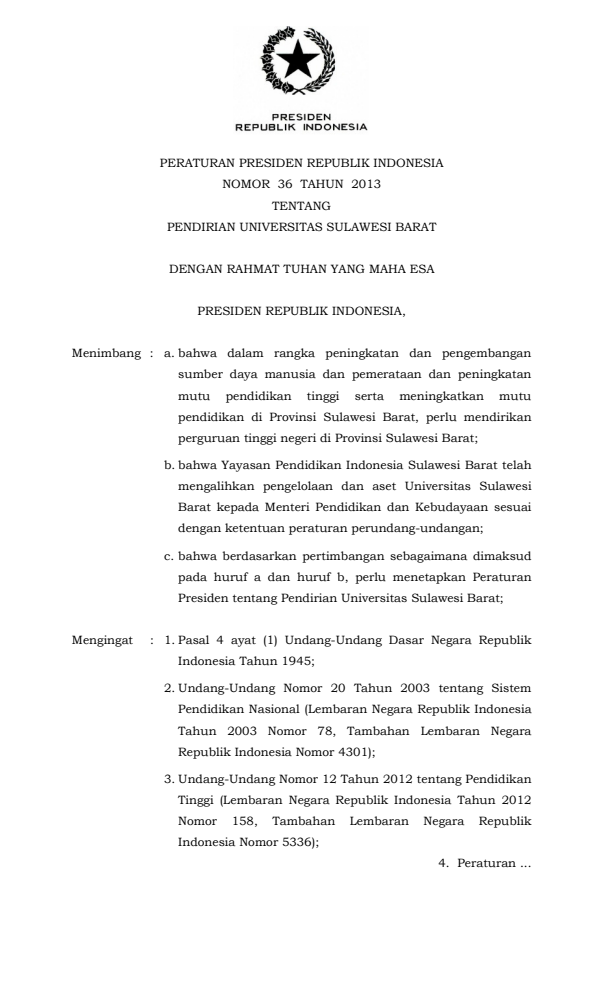 Peraturan Presiden Nomor 36 Tahun 2013