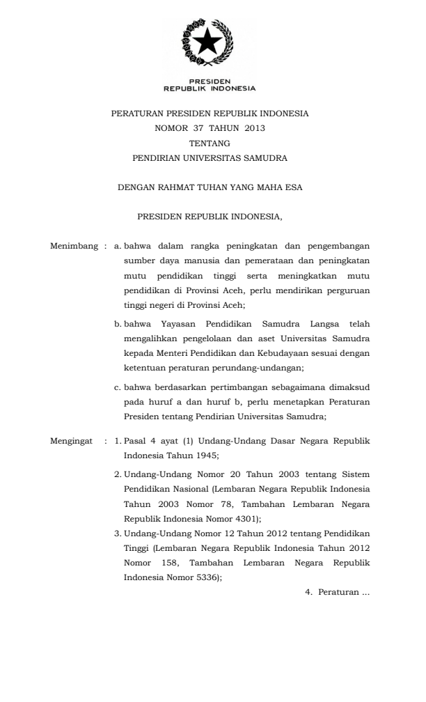 Peraturan Presiden Nomor 37 Tahun 2013