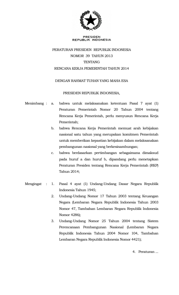 Peraturan Presiden Nomor 39 Tahun 2013