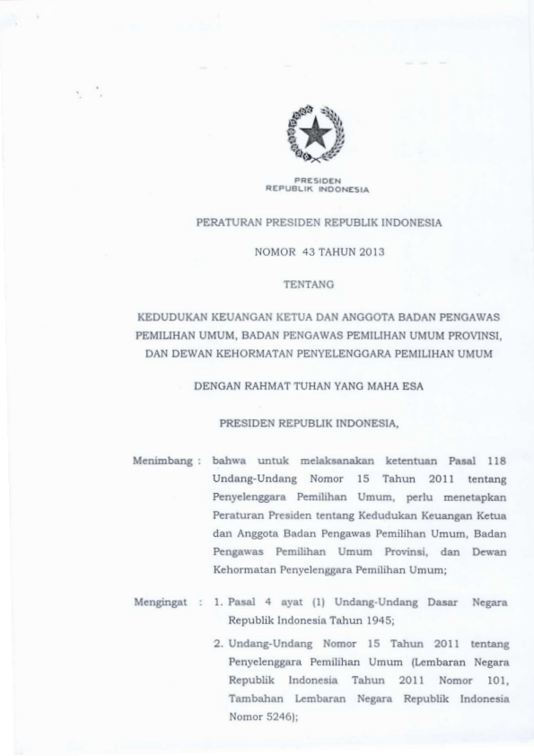 Peraturan Presiden Nomor 43 Tahun 2013