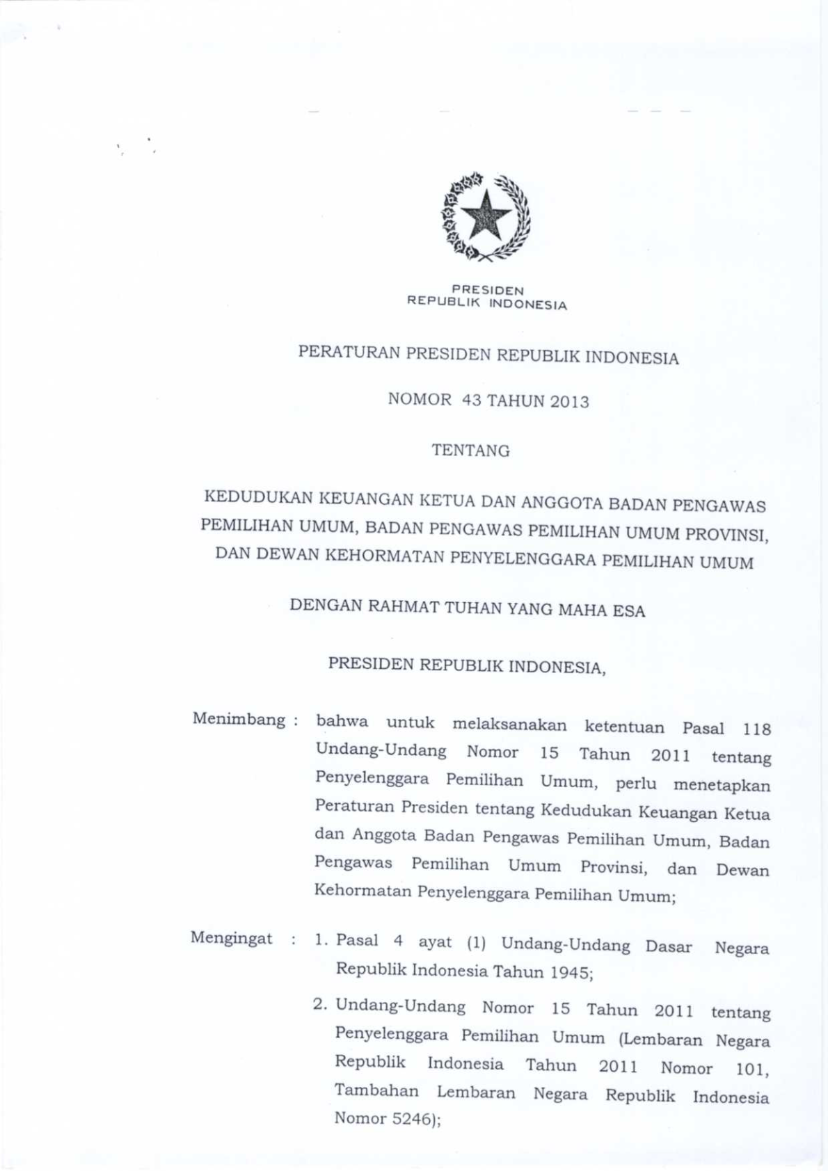 Peraturan Presiden Nomor 43 Tahun 2013