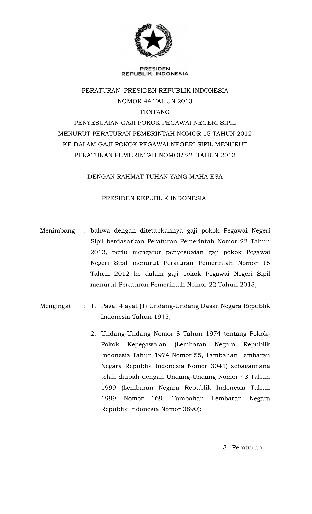 Peraturan Presiden Nomor 44 Tahun 2013