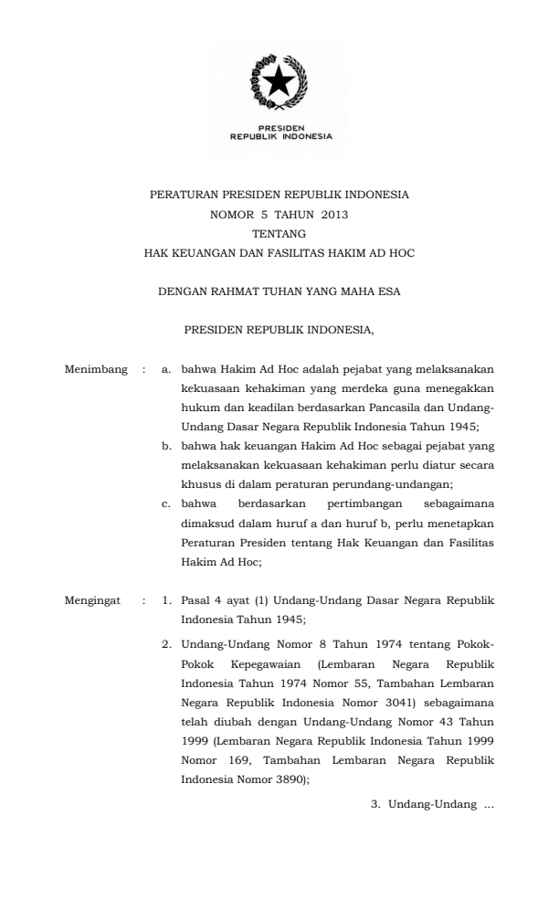 Peraturan Presiden Nomor 5 Tahun 2013
