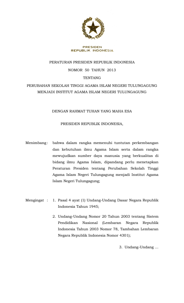 Peraturan Presiden Nomor 50 Tahun 2013