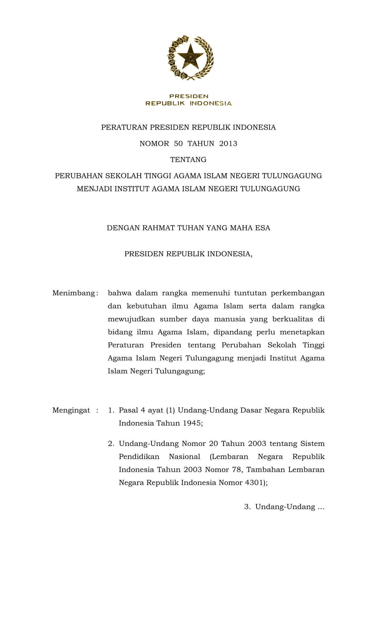 Peraturan Presiden Nomor 50 Tahun 2013