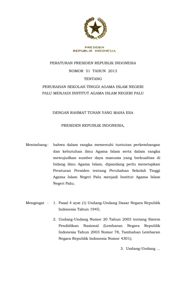 Peraturan Presiden Nomor 51 Tahun 2013