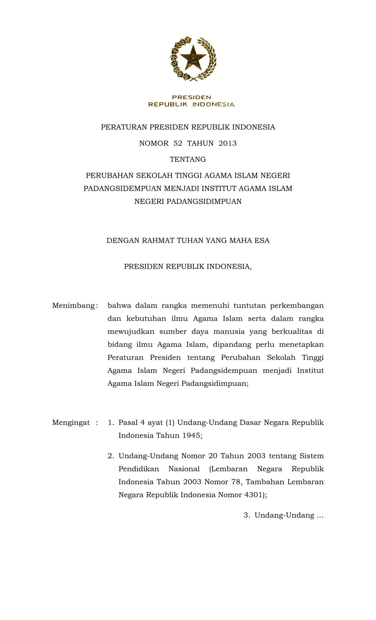 Peraturan Presiden Nomor 52 Tahun 2013