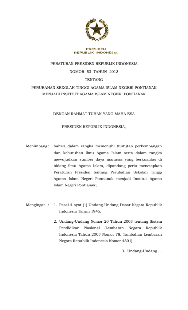 Peraturan Presiden Nomor 53 Tahun 2013