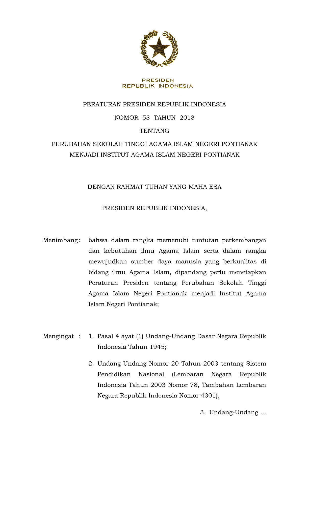 Peraturan Presiden Nomor 53 Tahun 2013