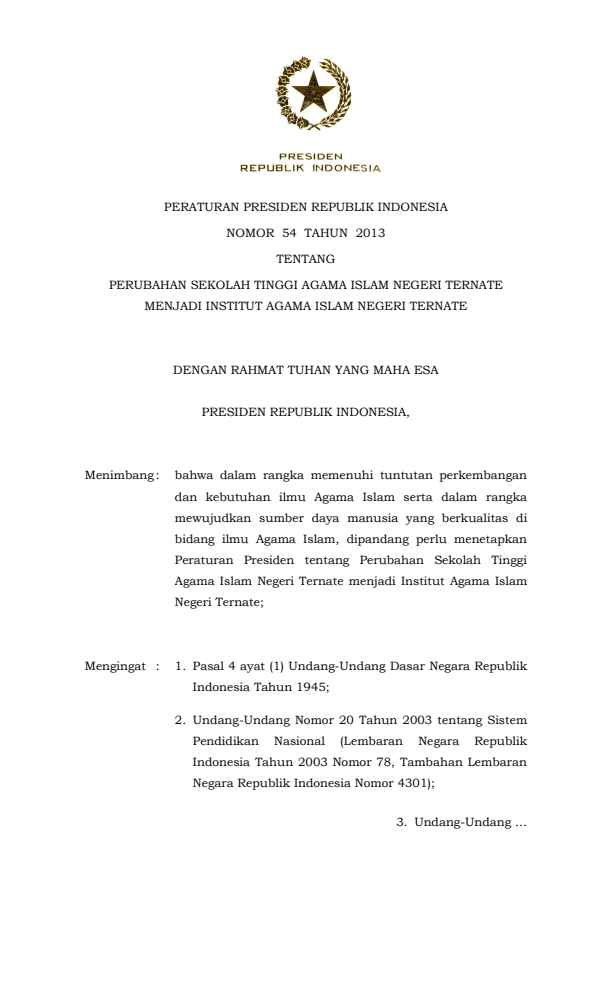 Peraturan Presiden Nomor 54 Tahun 2013