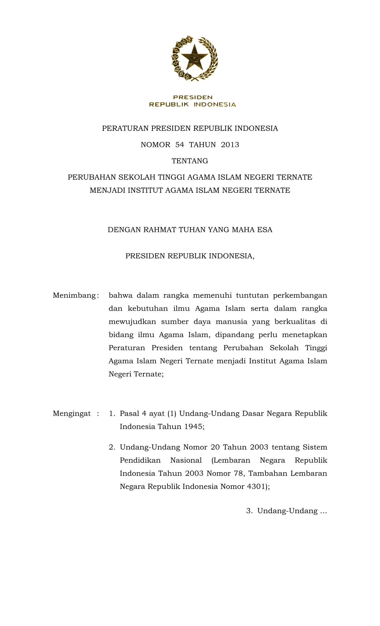 Peraturan Presiden Nomor 54 Tahun 2013