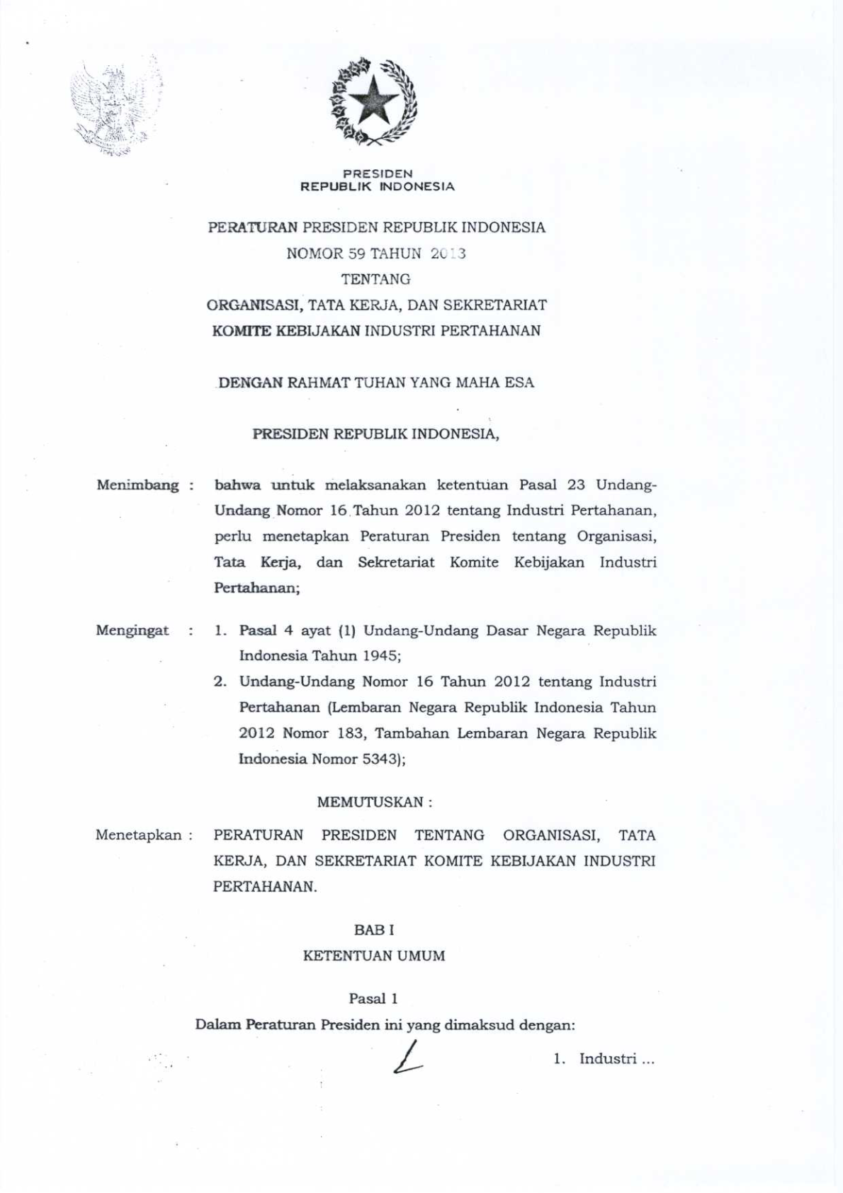 Peraturan Presiden Nomor 59 Tahun 2013