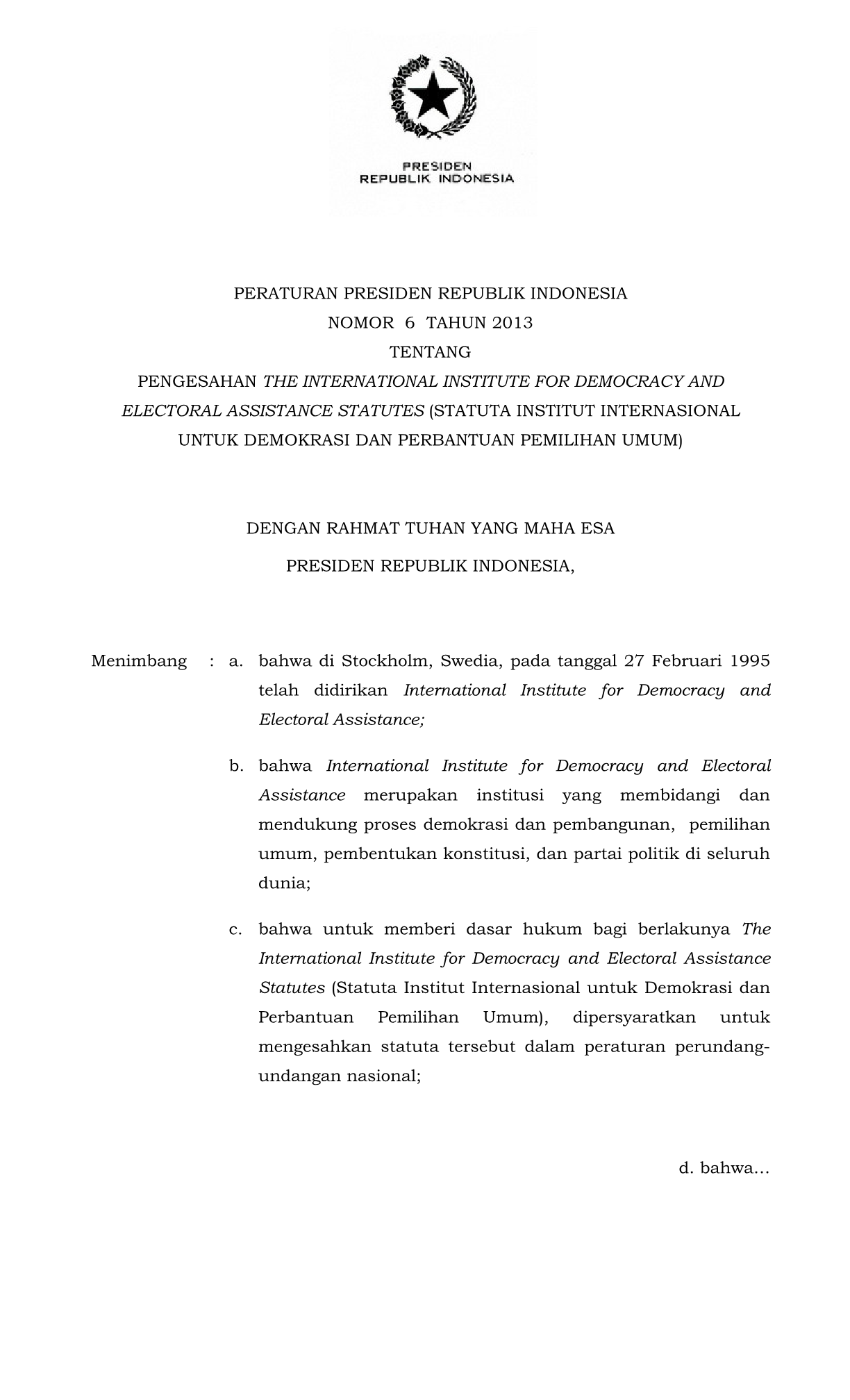 Peraturan Presiden Nomor 6 Tahun 2013